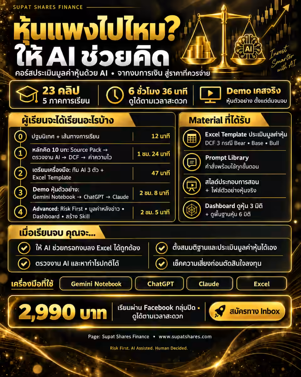 ภาพสรุปคอร์ส หุ้นแพงไปไหม? ให้ AI ช่วยคิด — 23 คลิป 5 ภาคการเรียน รวม 6 ชั่วโมง 36 นาที พร้อม Excel Template, Prompt Library, สไลด์ และ Dashboard ราคา 2,990 บาท